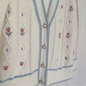 Exclusive! River Island embroidered cable knit cardigan with pearl button shirt